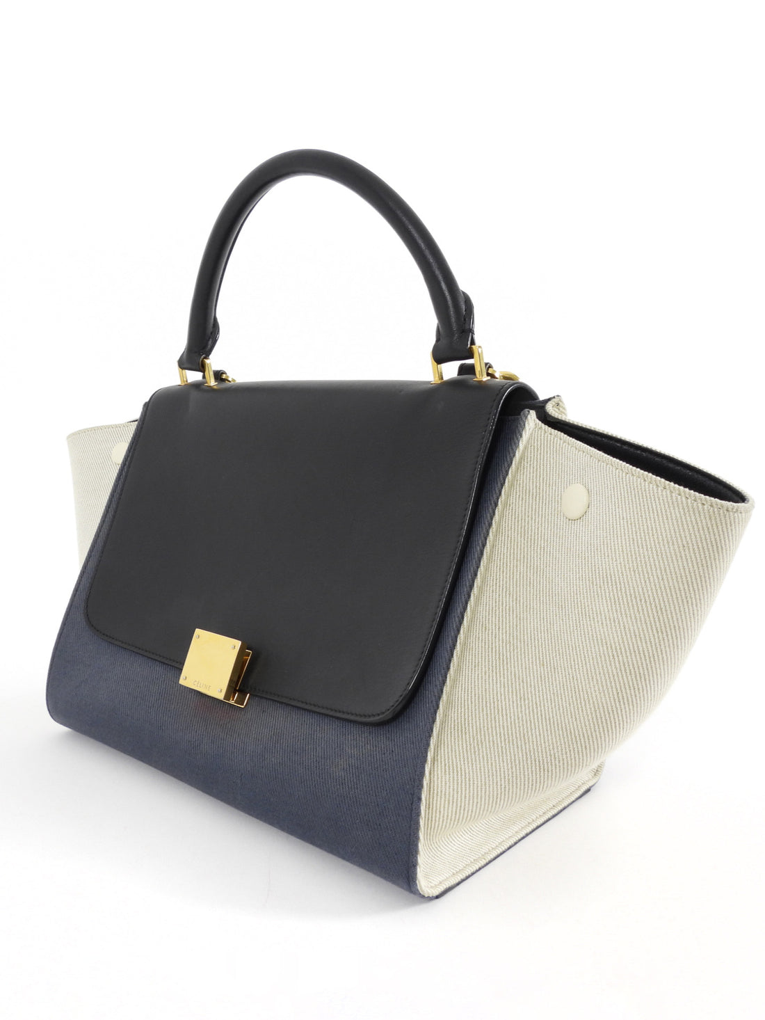 Celine Blue White Black Tricolor Denim and Leather Small Trapeze Two Way Bag