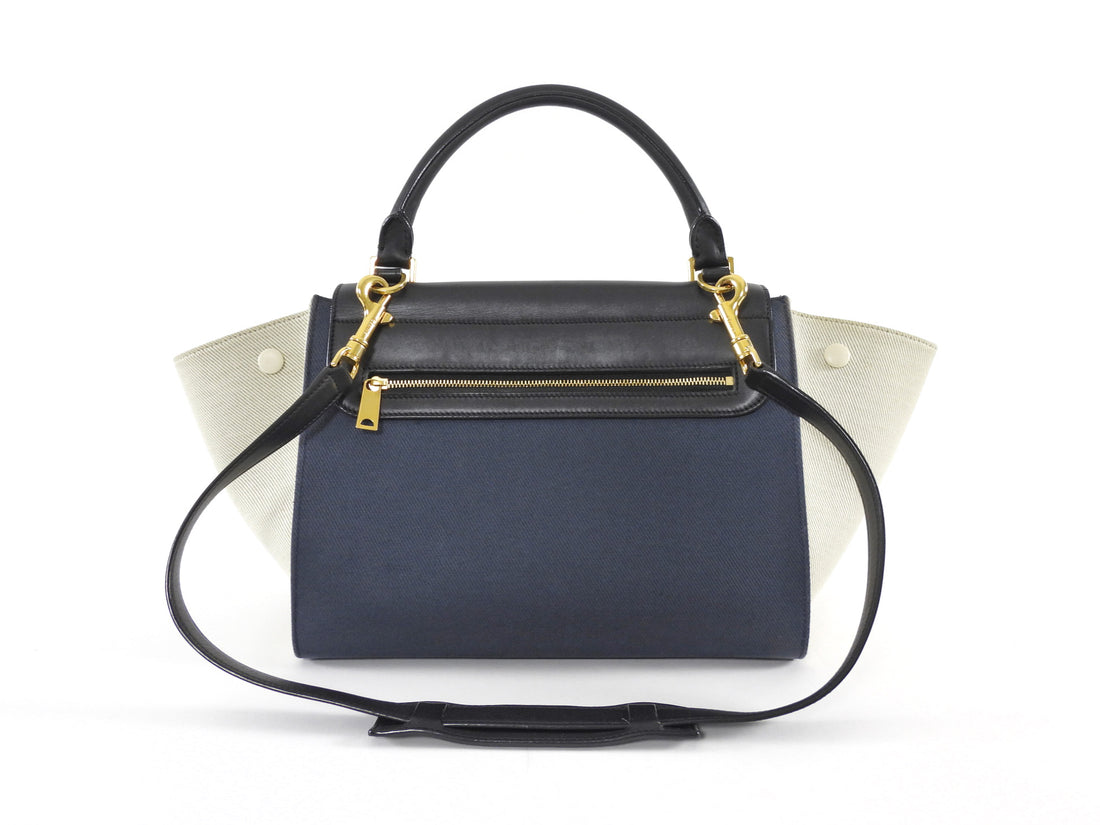 Celine Blue White Black Tricolor Denim and Leather Small Trapeze Two Way Bag