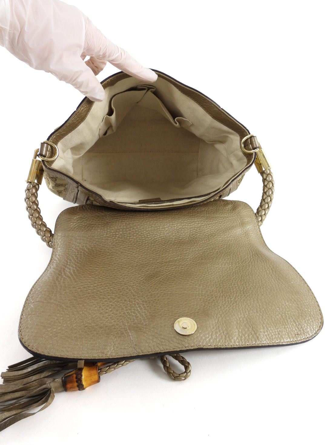 Gucci GG Canvas Metallic Taupe Leather Bella Braided Hobo Bag