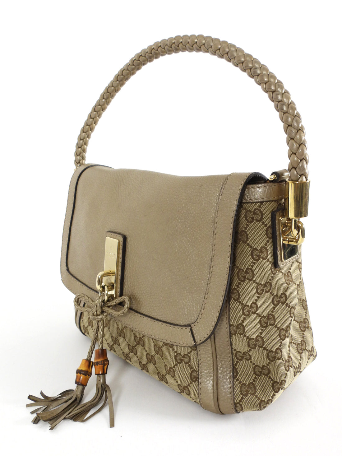 Gucci GG Canvas Metallic Taupe Leather Bella Braided Hobo Bag