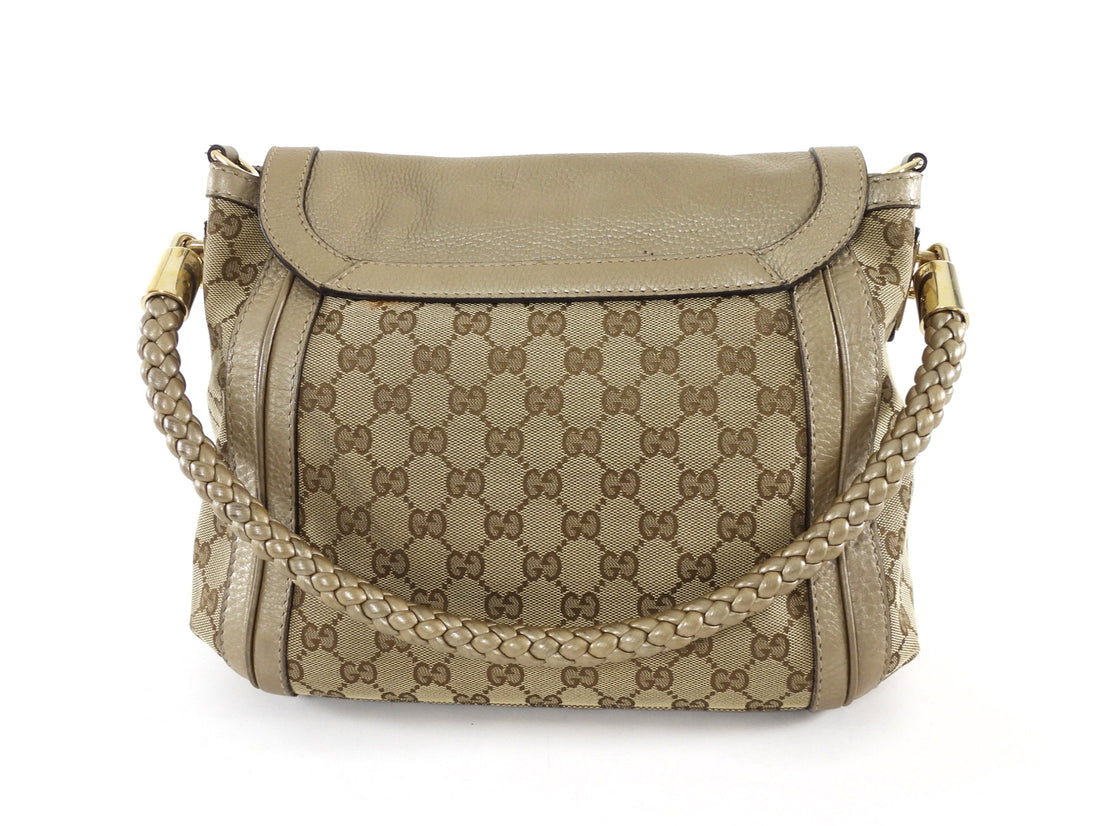 Gucci GG Canvas Metallic Taupe Leather Bella Braided Hobo Bag