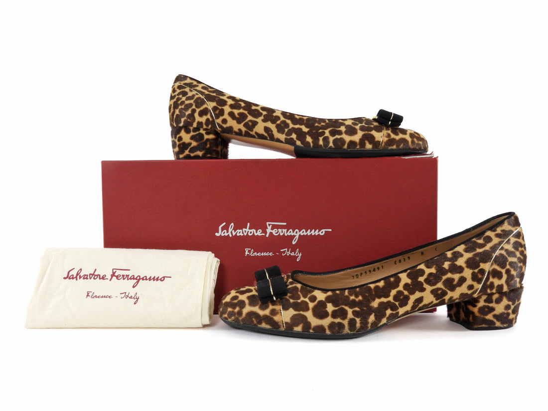 Salvatore Ferragamo Leopard Print Pony Hair Ferra Bow Kitten Heels - 8