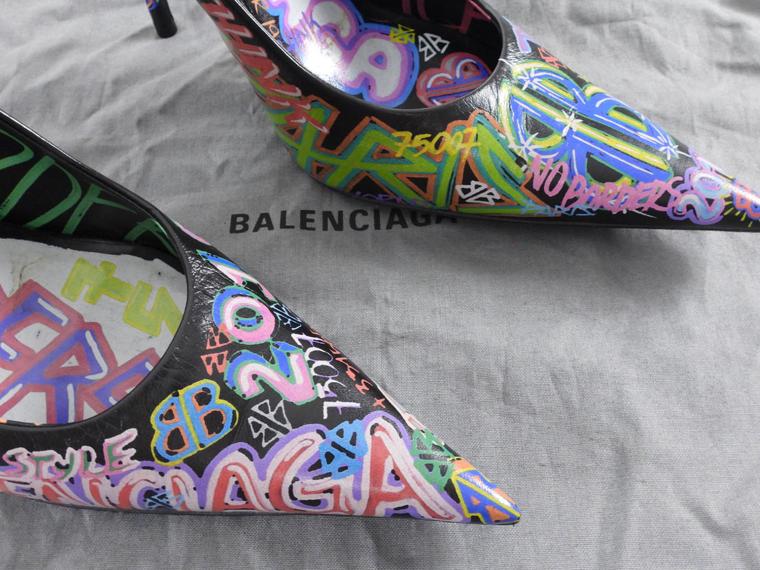 Balenciaga Black Multicolor Graffiti Print Pointed Toe Pumps - 37