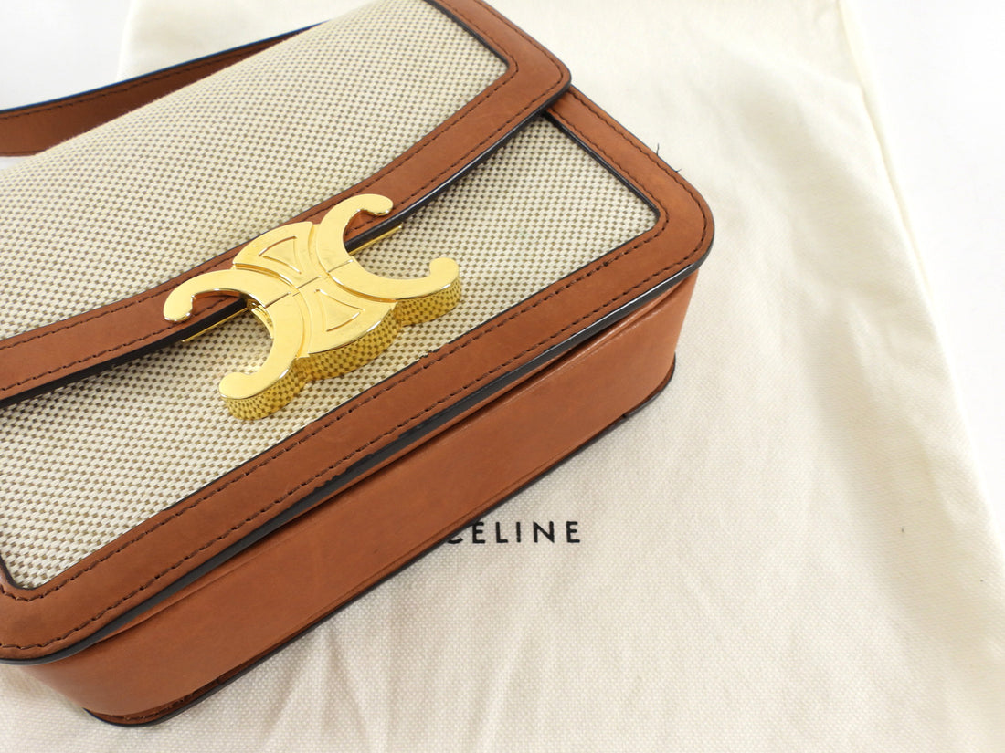 Celine Teen Triomphe Natural Toile and Tan Brown Calfskin Crossbody Bag