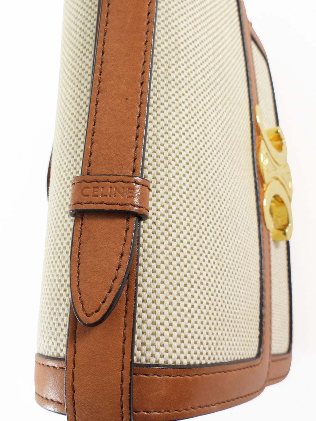 Celine Teen Triomphe Natural Toile and Tan Brown Calfskin Crossbody Bag