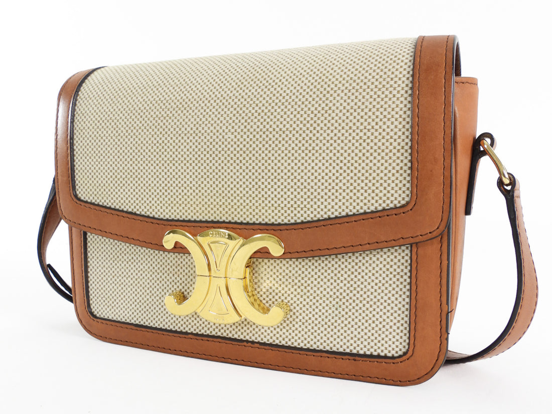 Celine Teen Triomphe Natural Toile and Tan Brown Calfskin Crossbody Bag