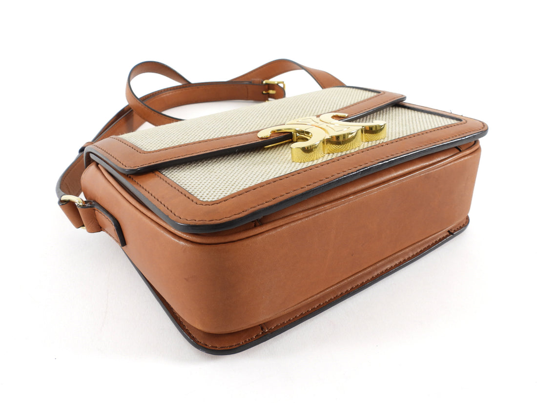 Celine Teen Triomphe Natural Toile and Tan Brown Calfskin Crossbody Bag