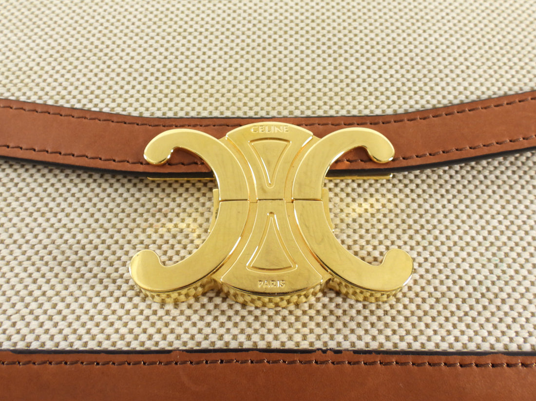 Celine Teen Triomphe Natural Toile and Tan Brown Calfskin Crossbody Bag