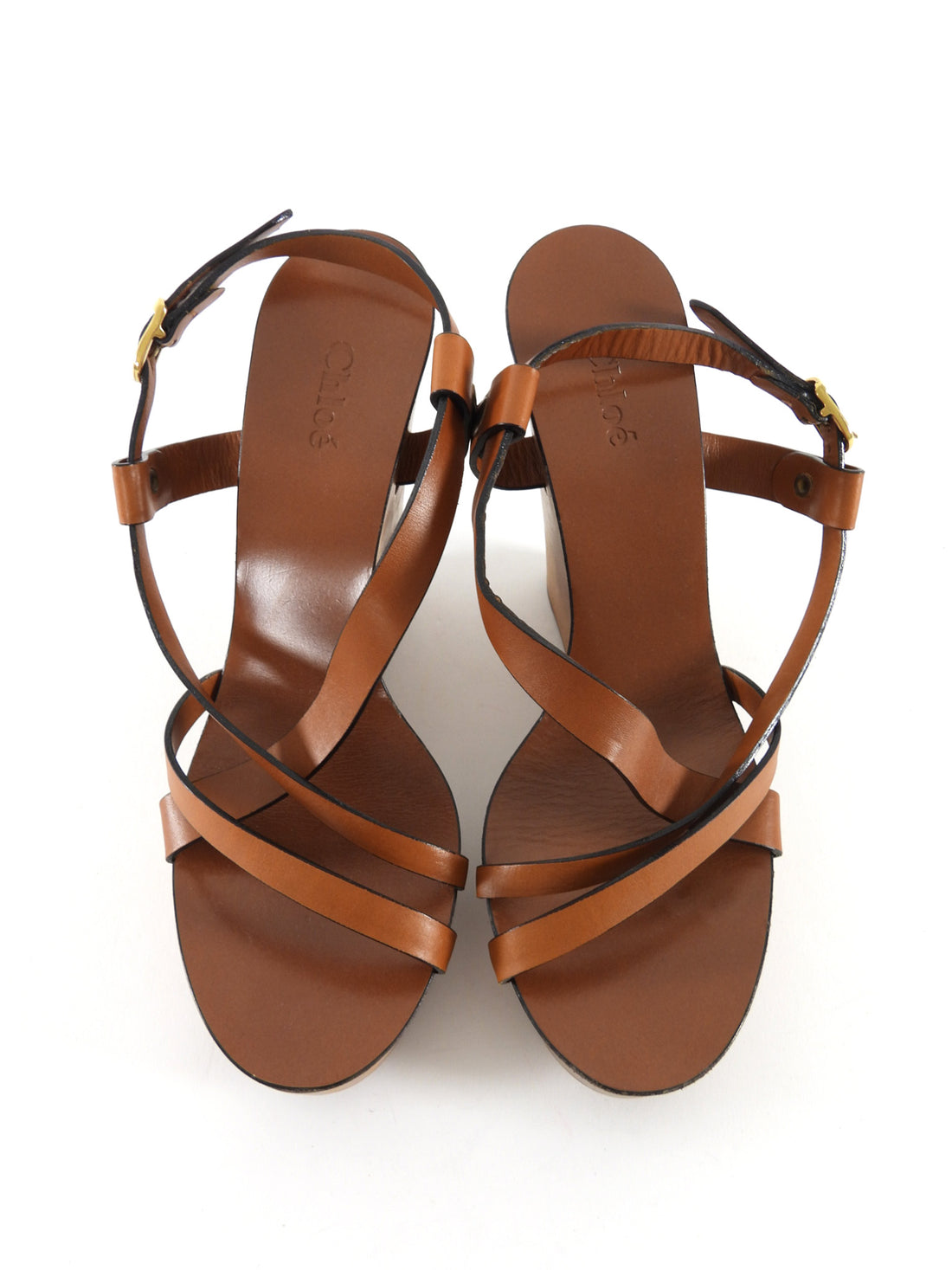 Chloe Brown Leather Wooden Wedge Sandal - 39.5