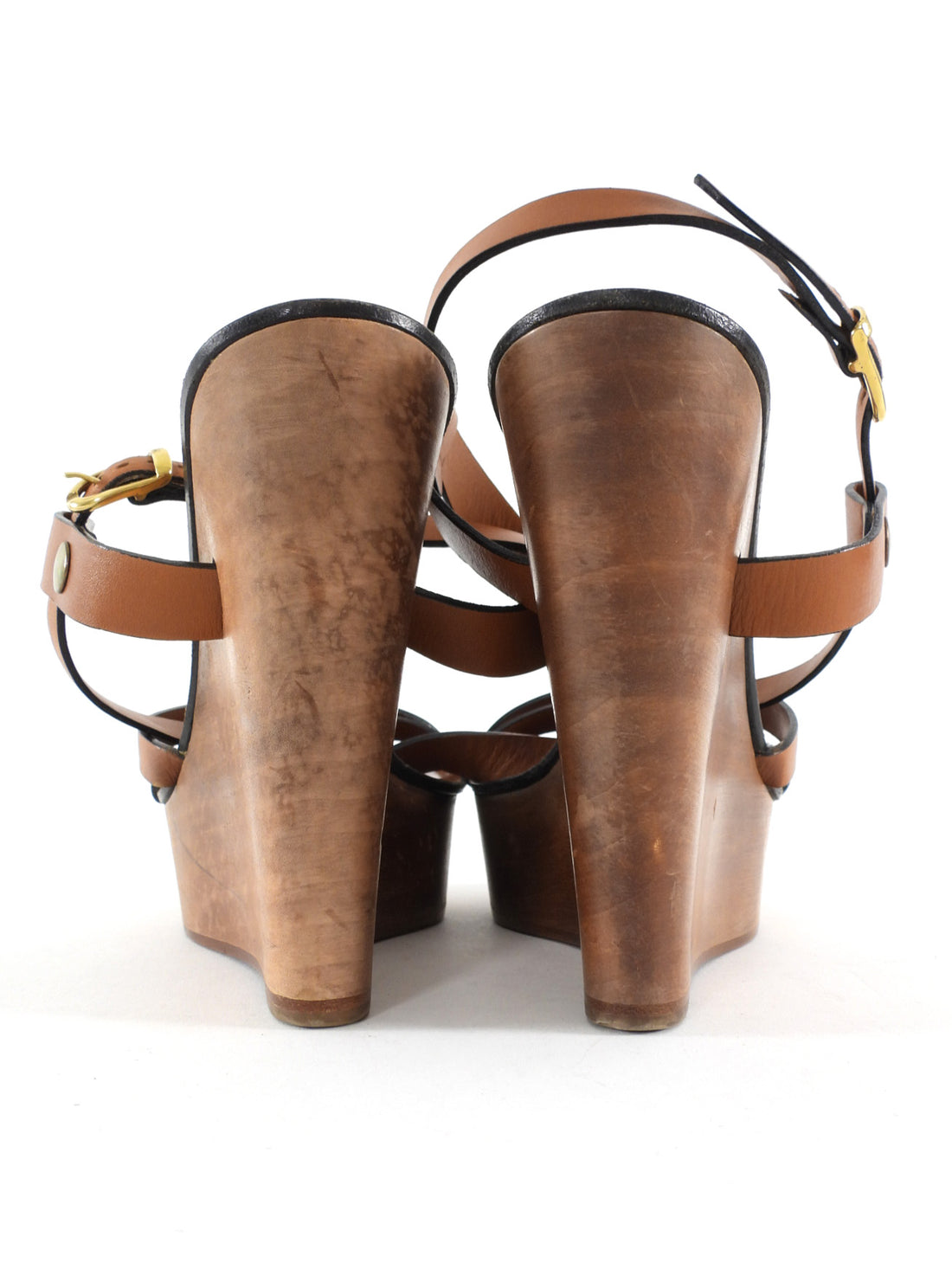 Chloe Brown Leather Wooden Wedge Sandal - 39.5