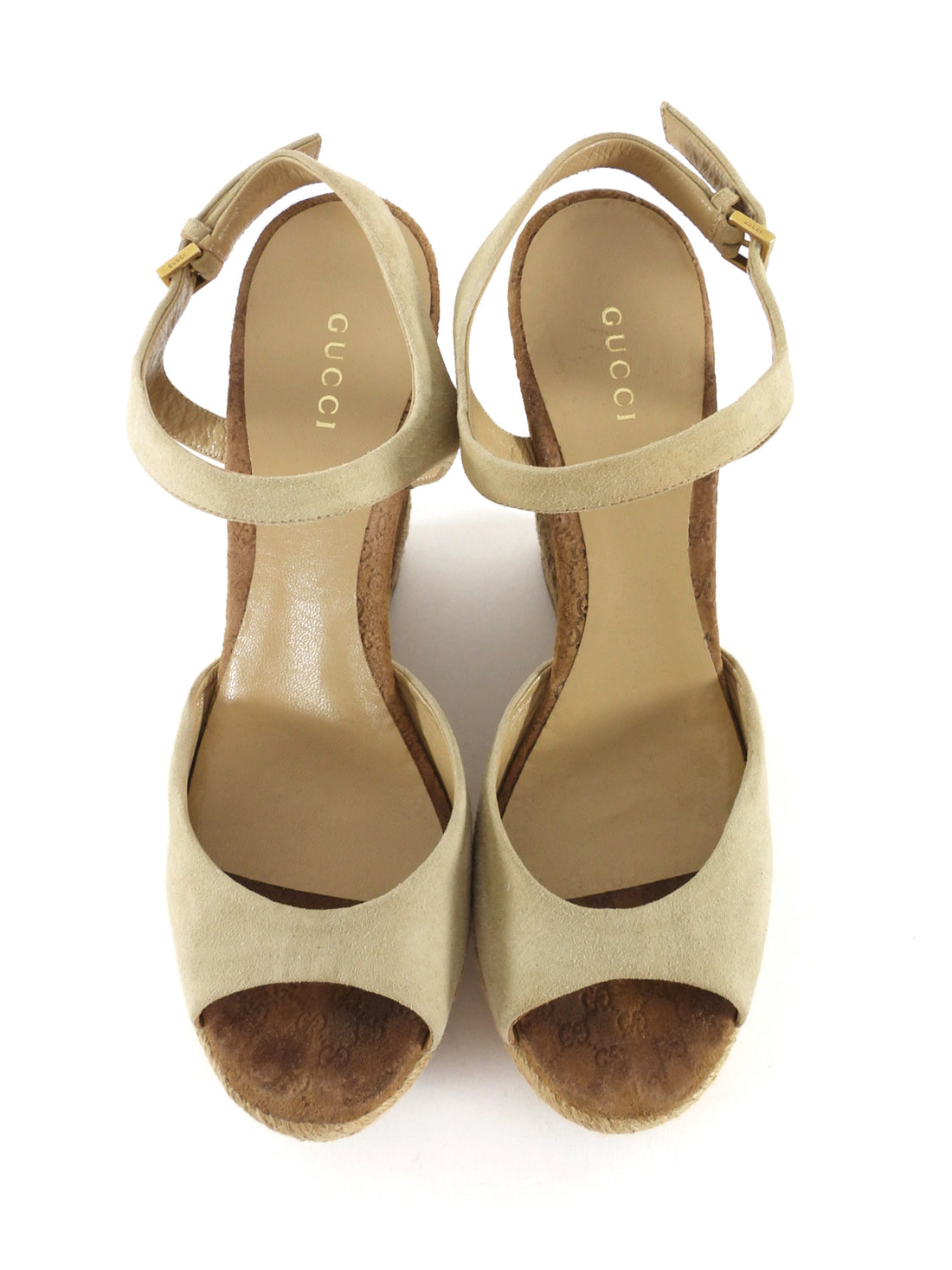 Gucci Beige Suede Monogram Espadrille Peep Toe Wedge Sandals- 39