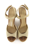 Gucci Beige Suede Monogram Espadrille Peep Toe Wedge Sandals- 39