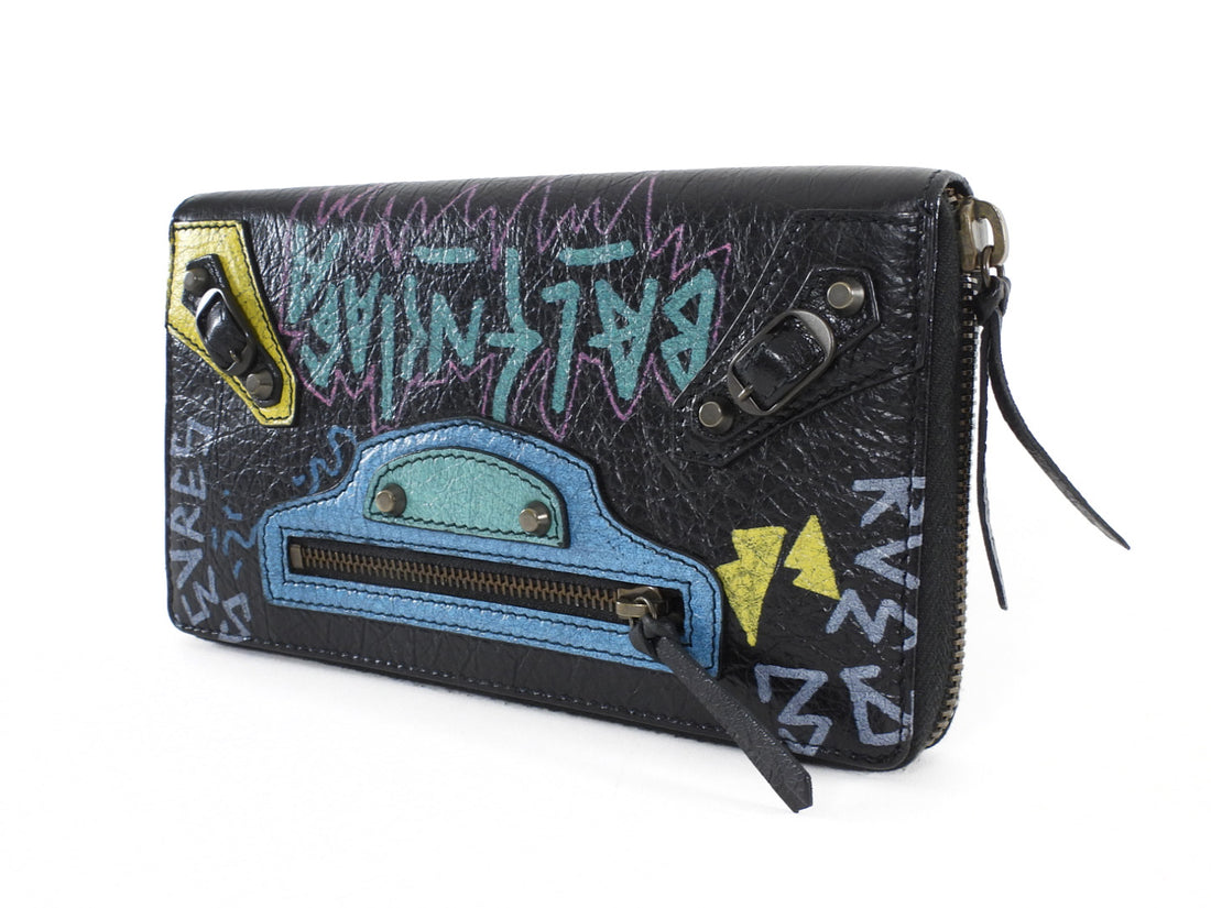 Balenciaga Black Multicolor Graffiti Print Classic Moto City Long Wallet