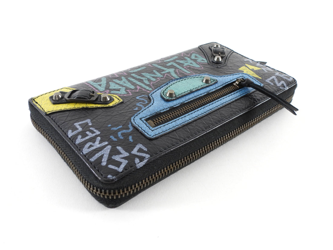 Balenciaga Black Multicolor Graffiti Print Classic Moto City Long Wallet