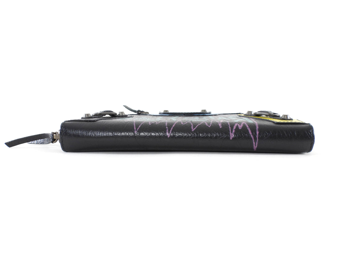 Balenciaga Black Multicolor Graffiti Print Classic Moto City Long Wallet