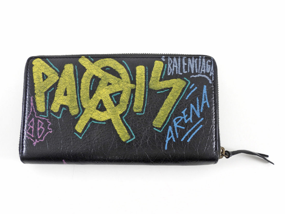 Balenciaga Black Multicolor Graffiti Print Classic Moto City Long Wallet
