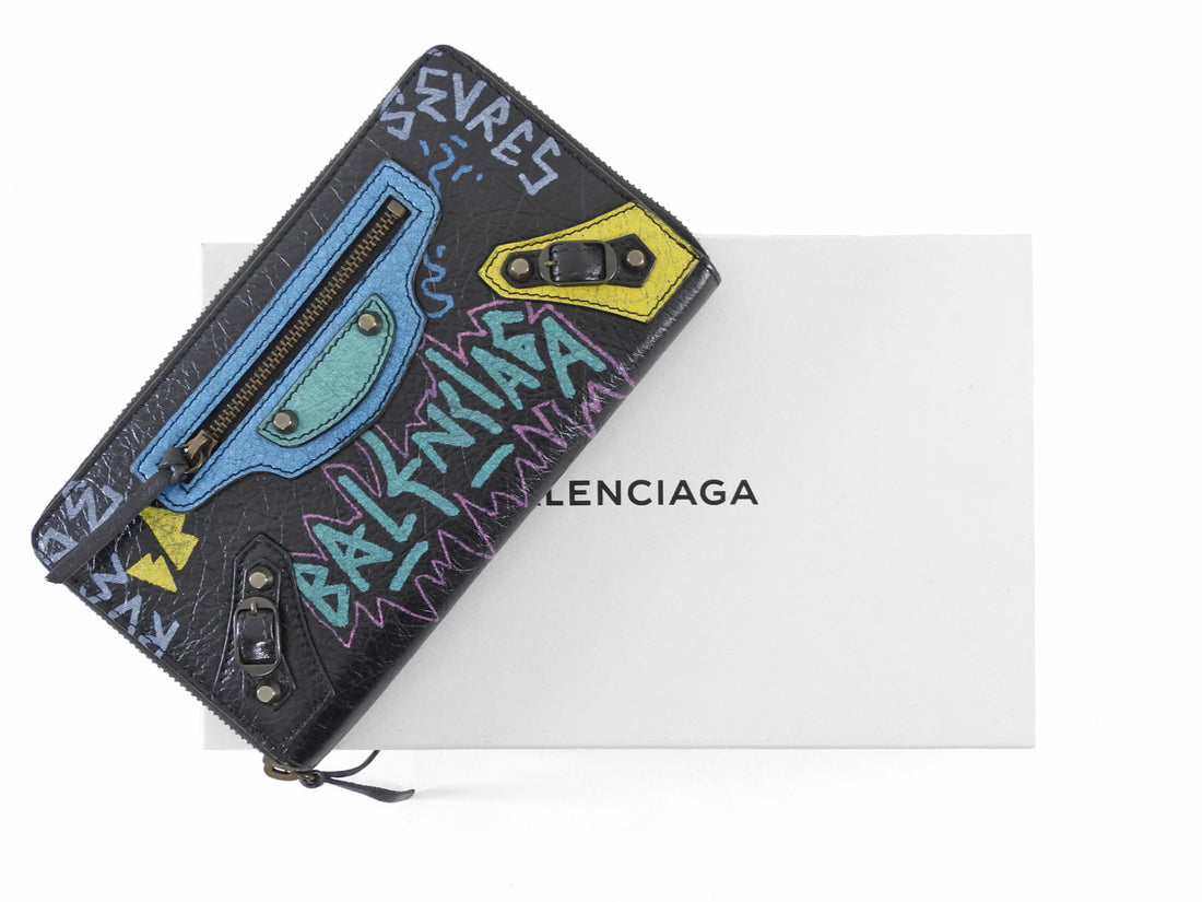 Balenciaga Black Multicolor Graffiti Print Classic Moto City Long Wallet