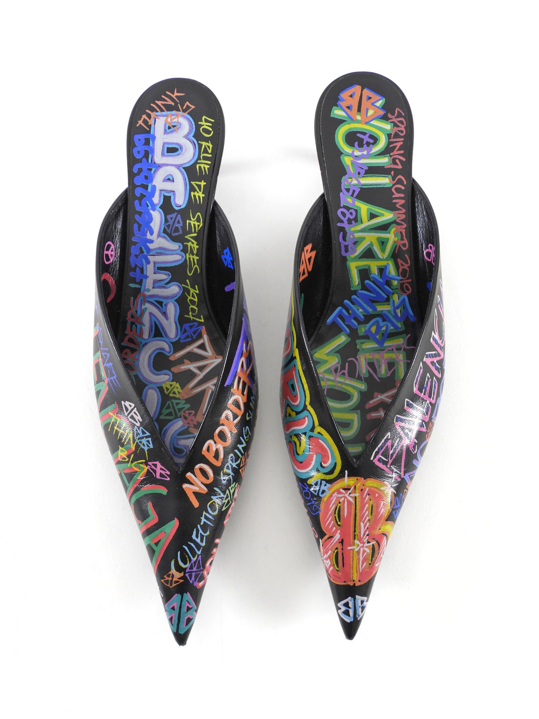 Balenciaga Multicolor Graffiti Print Leather Kitten Heel Mules - 39