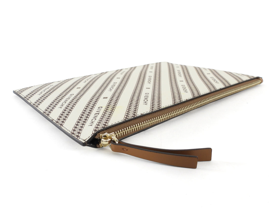 Givenchy Beige Brown Logo Stripe Bonded Canvas Medium Pouch Medium