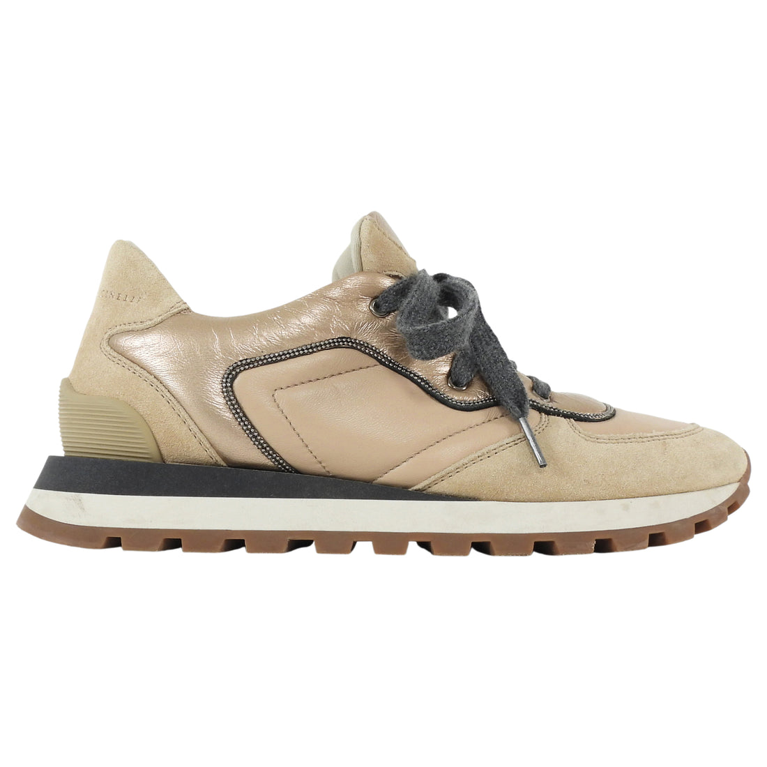 Brunello Cucinelli Beige Gold Monili Bead Metallic Gold Leather Cashmere Suede Low Top Sneakers 37