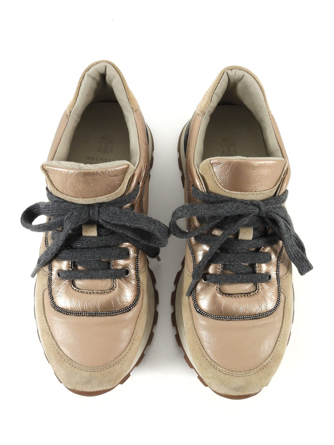 Brunello Cucinelli Beige Gold Monili Bead Metallic Gold Leather Cashmere Suede Low Top Sneakers 37