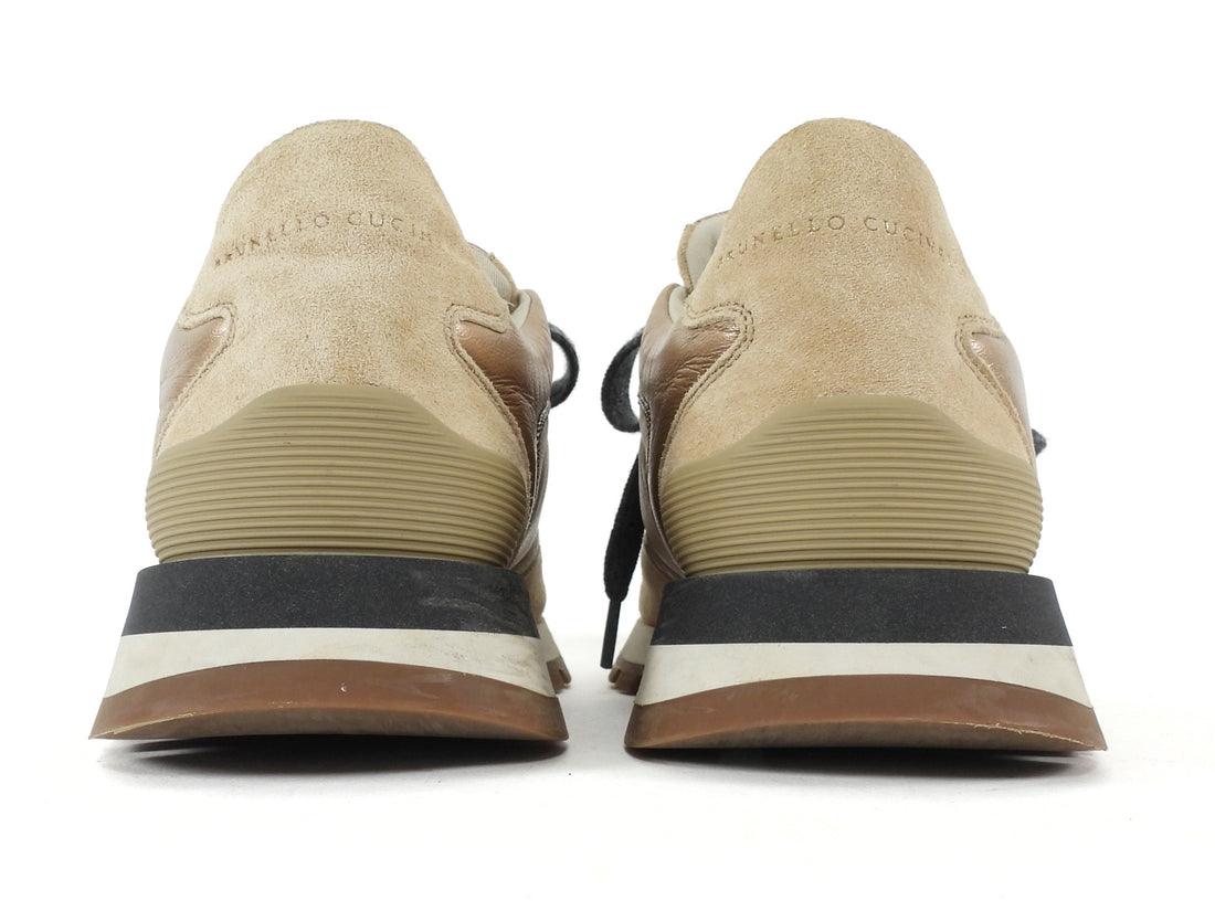 Brunello Cucinelli Beige Gold Monili Bead Metallic Gold Leather Cashmere Suede Low Top Sneakers 37