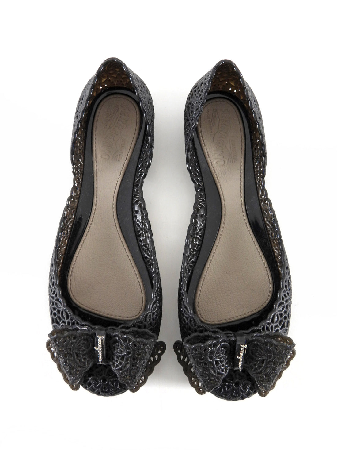 Salvatore Ferragamo Black Rubber Lace Bow Flat - 39