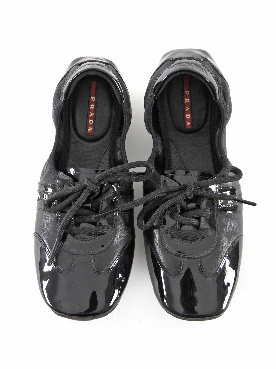 Prada Linea Rossa Black Vintage Patent Calfskin Leather Lace-Up Ballet Flats - 37.5