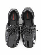 Prada Linea Rossa Black Vintage Patent Calfskin Leather Lace-Up Ballet Flats - 37.5