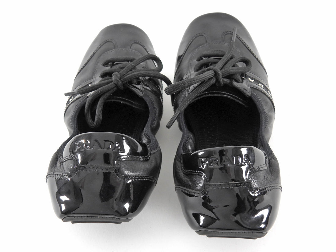 Prada Linea Rossa Black Vintage Patent Calfskin Leather Lace-Up Ballet Flats - 37.5
