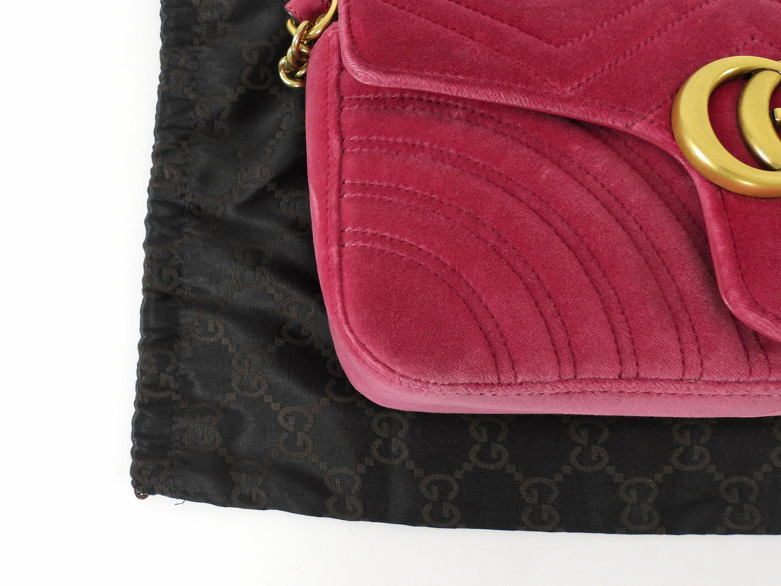 Gucci Pink Chevron Quilted Velvet Small Marmont Chain Flap Bag