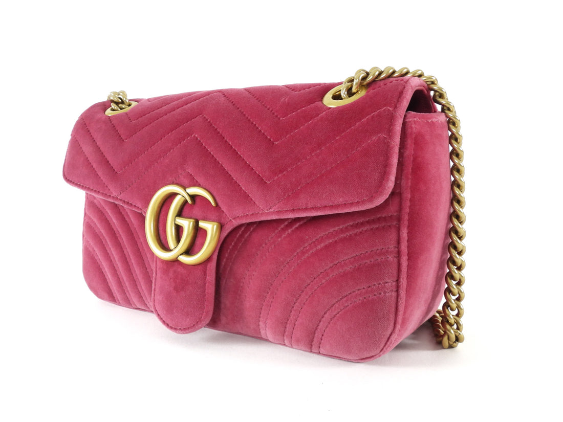 Gucci Pink Chevron Quilted Velvet Small Marmont Chain Flap Bag