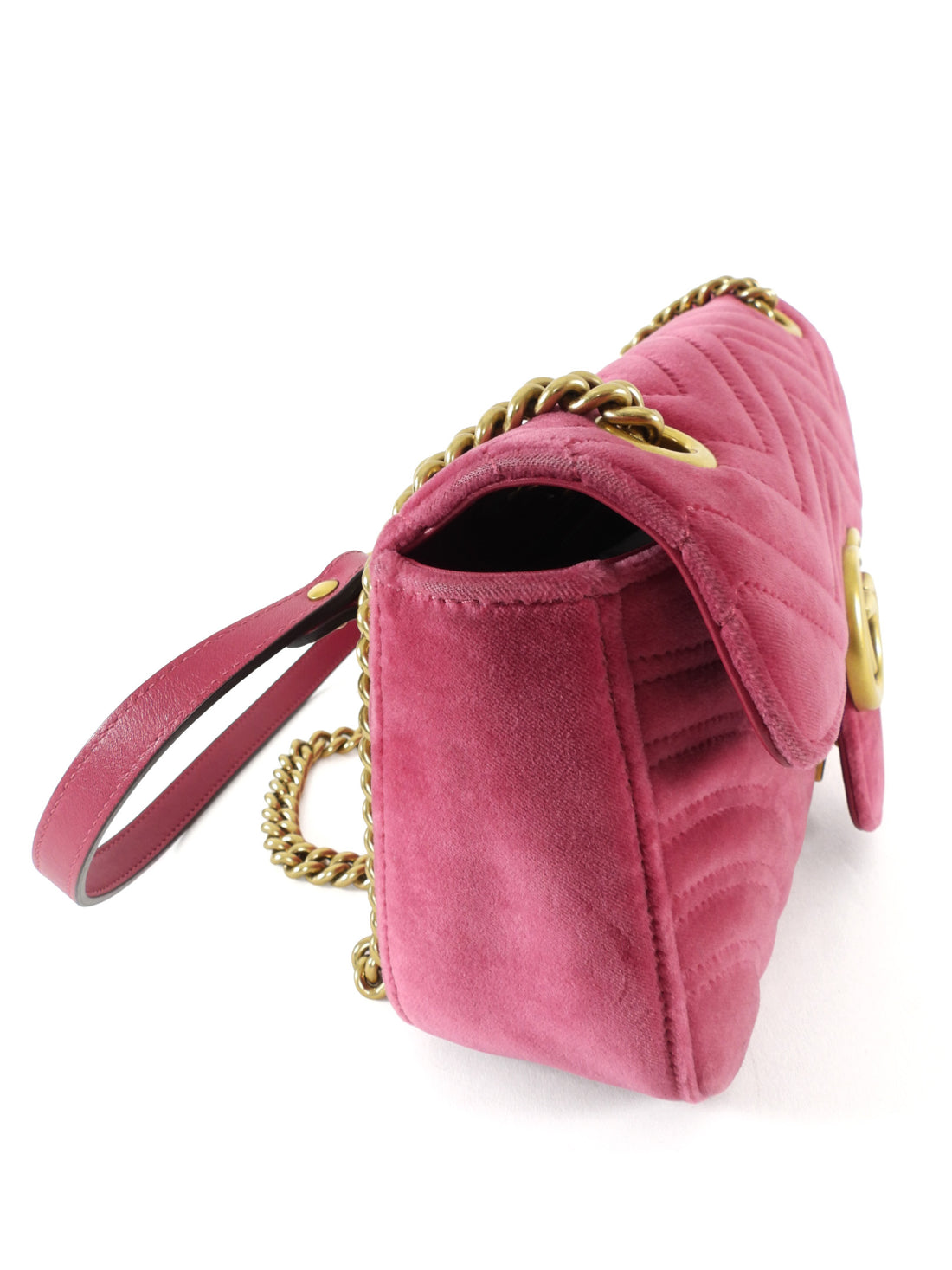 Gucci Pink Chevron Quilted Velvet Small Marmont Chain Flap Bag