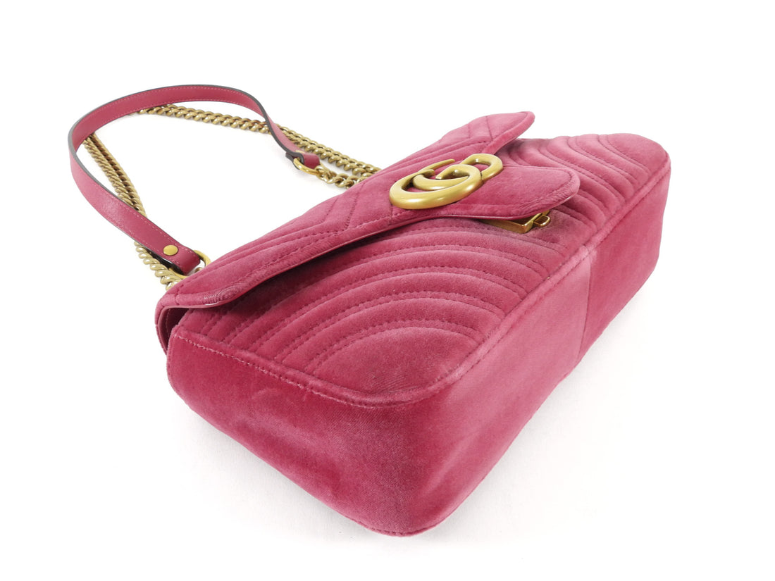 Gucci Pink Chevron Quilted Velvet Small Marmont Chain Flap Bag