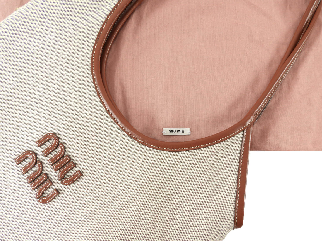 Miu Miu Ecru Canvas and Tan Brown Leather Ivy Hobo Tote Bag