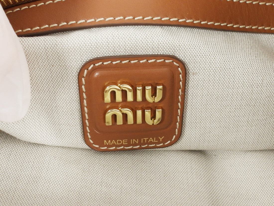 Miu Miu Ecru Canvas and Tan Brown Leather Ivy Hobo Tote Bag
