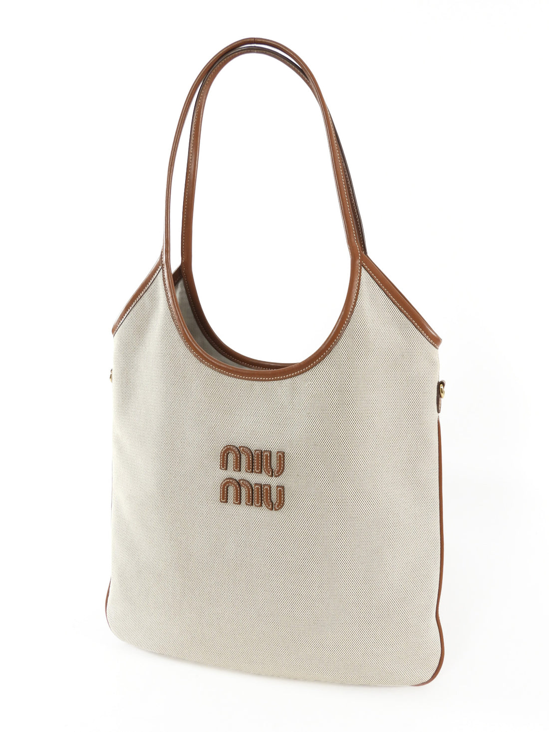 Miu Miu Ecru Canvas and Tan Brown Leather Ivy Hobo Tote Bag