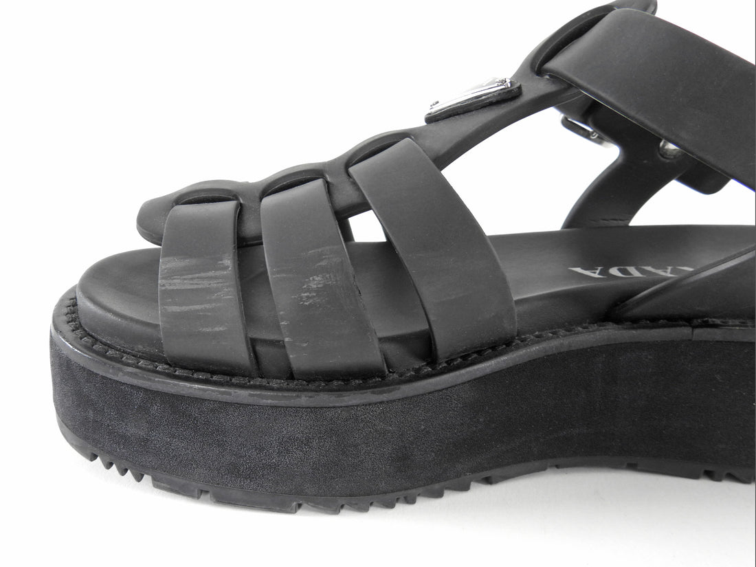 Prada Black Leather Fisherman Platform Sandals - 6/7