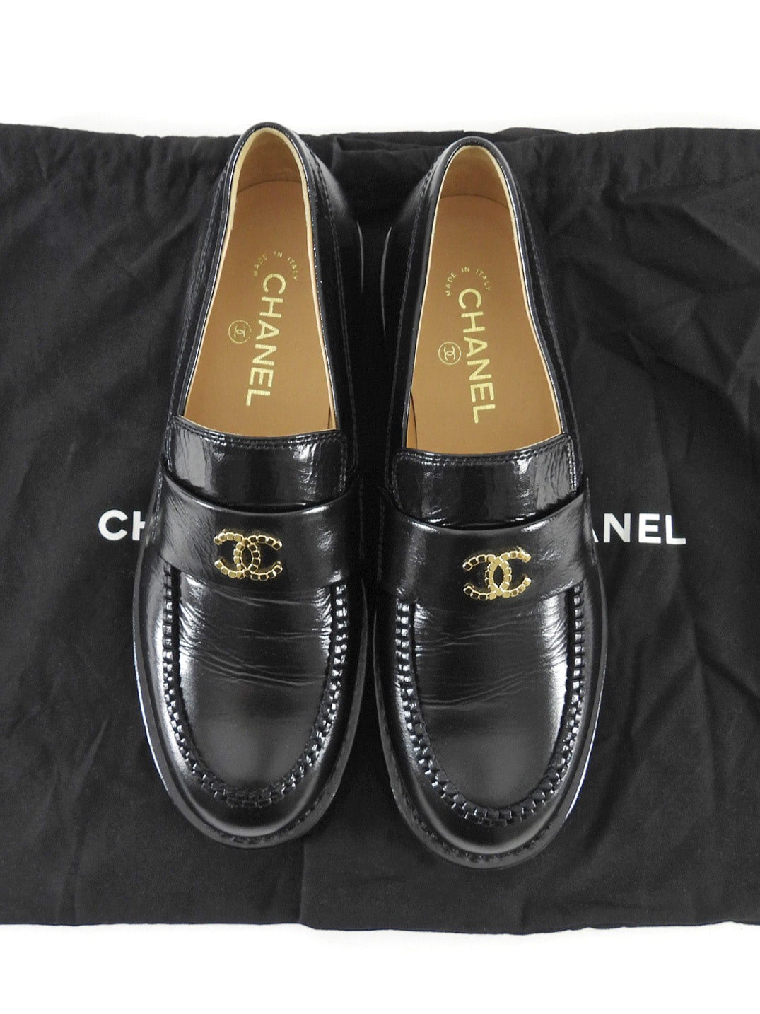 Chanel Black 24C Glossed Calfskin CC Loafers - 39.5C
