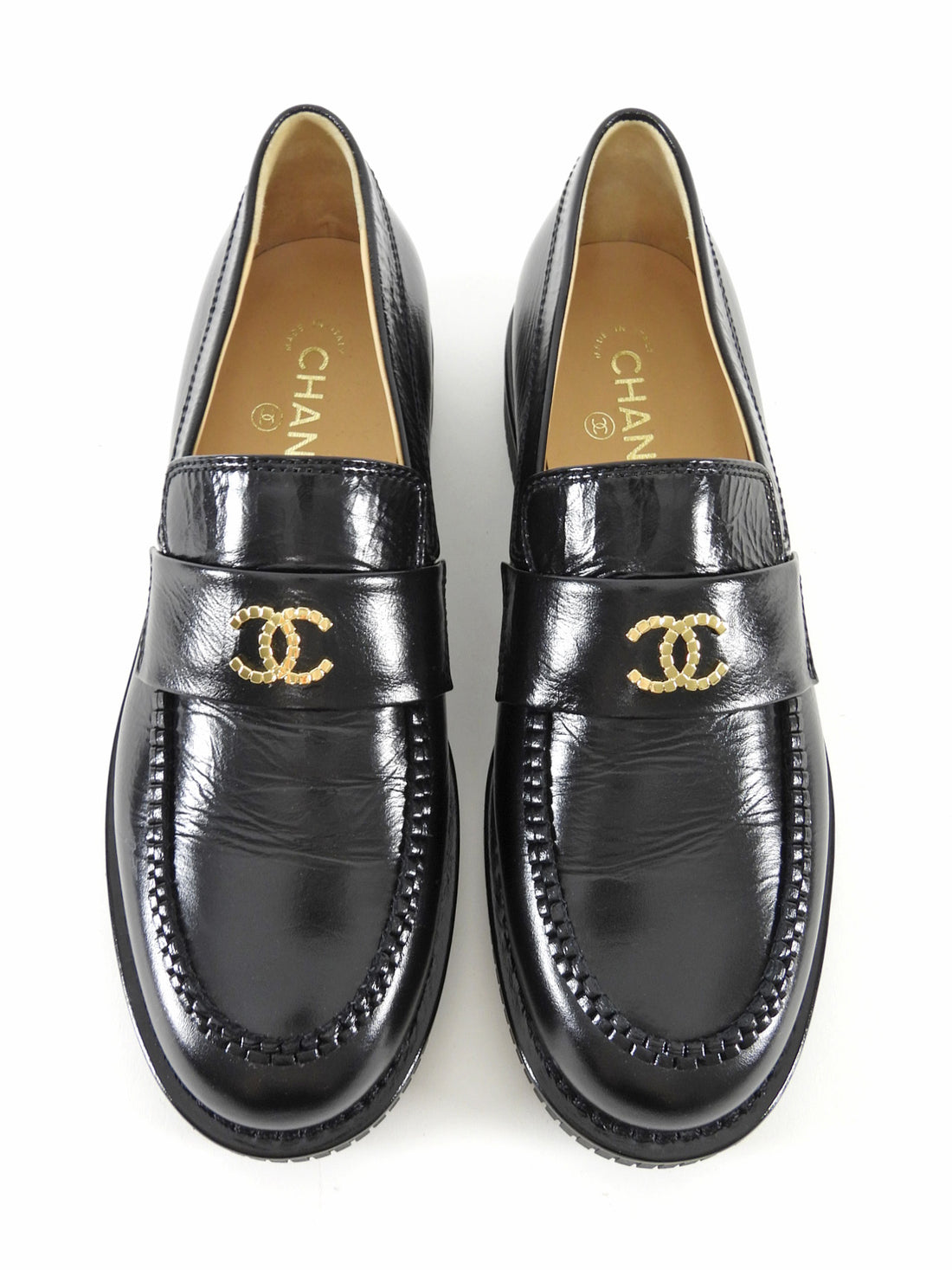 Chanel Black 24C Glossed Calfskin CC Loafers - 39.5C