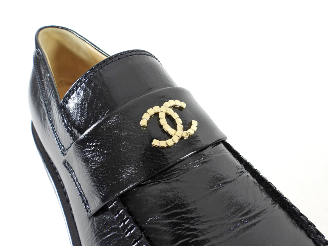 Chanel Black 24C Glossed Calfskin CC Loafers - 39.5C