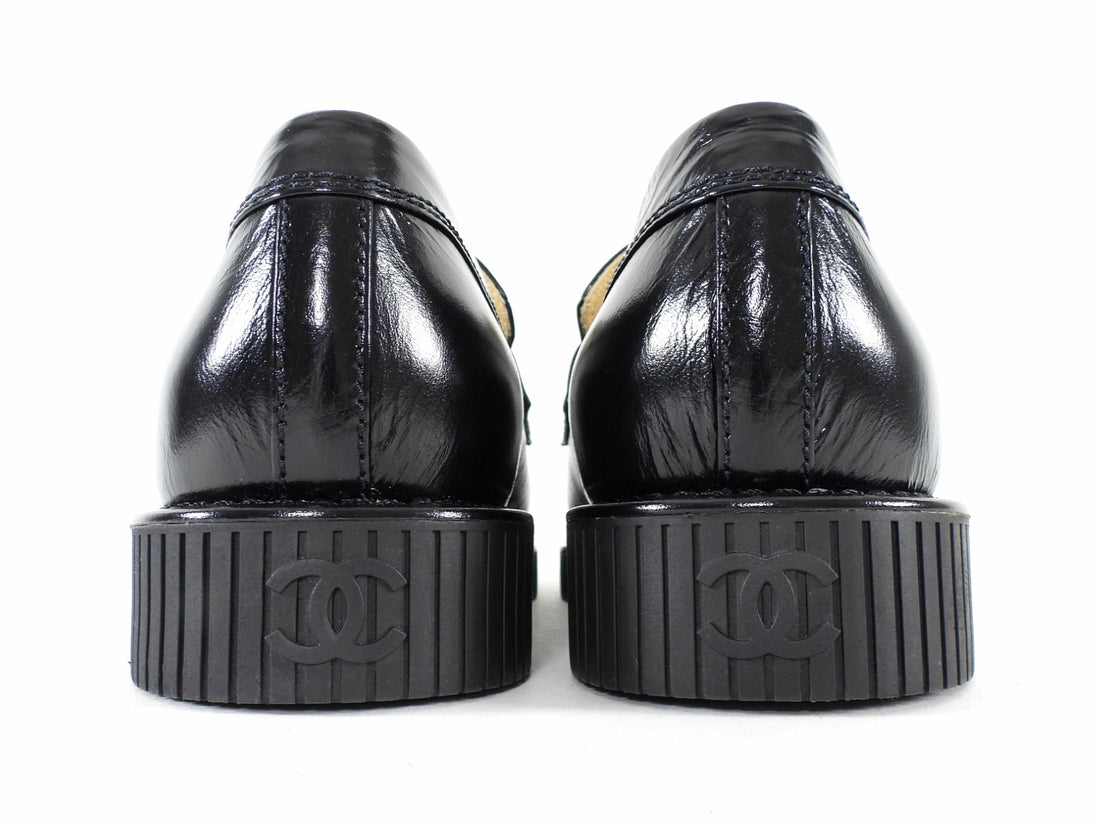 Chanel Black 24C Glossed Calfskin CC Loafers - 39.5C