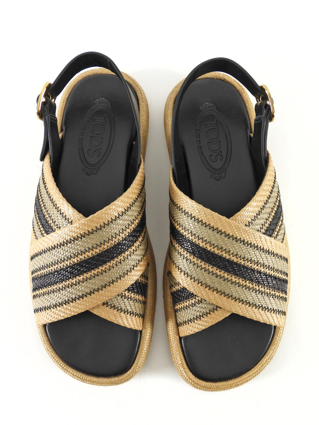 Tod's Two-Tone Beige Striped Raffia Woven Sandals - 39.5