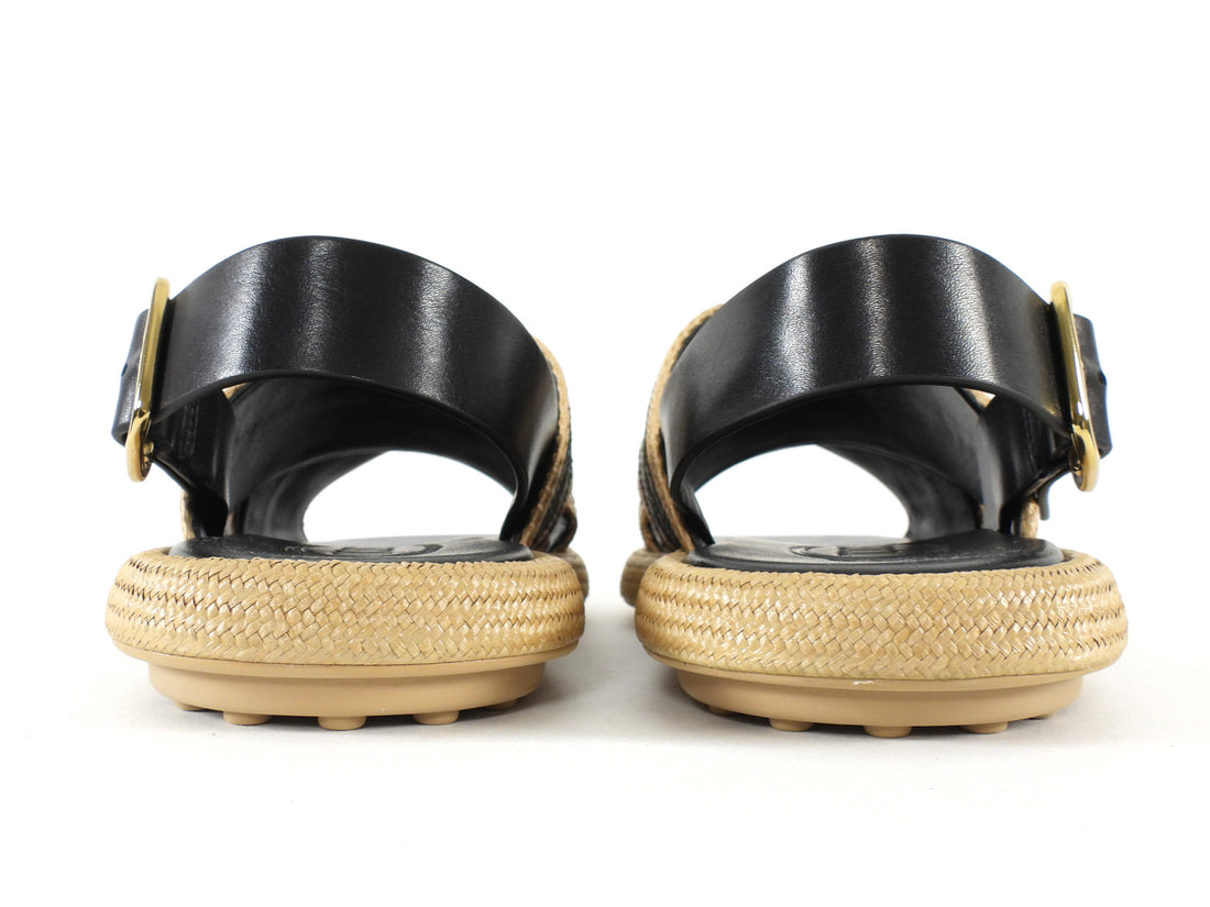 Tod's Two-Tone Beige Striped Raffia Woven Sandals - 39.5