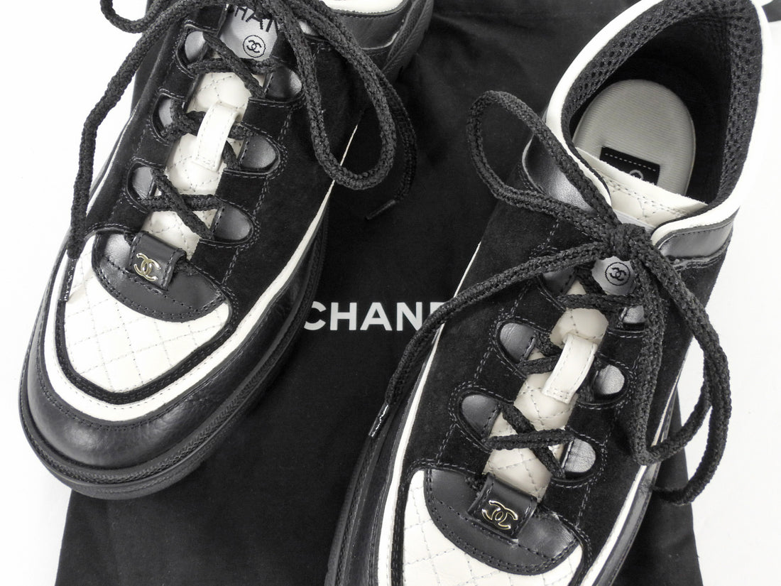 Chanel Black White 25B Suede Leather Track Sole Sneaker - 39.5