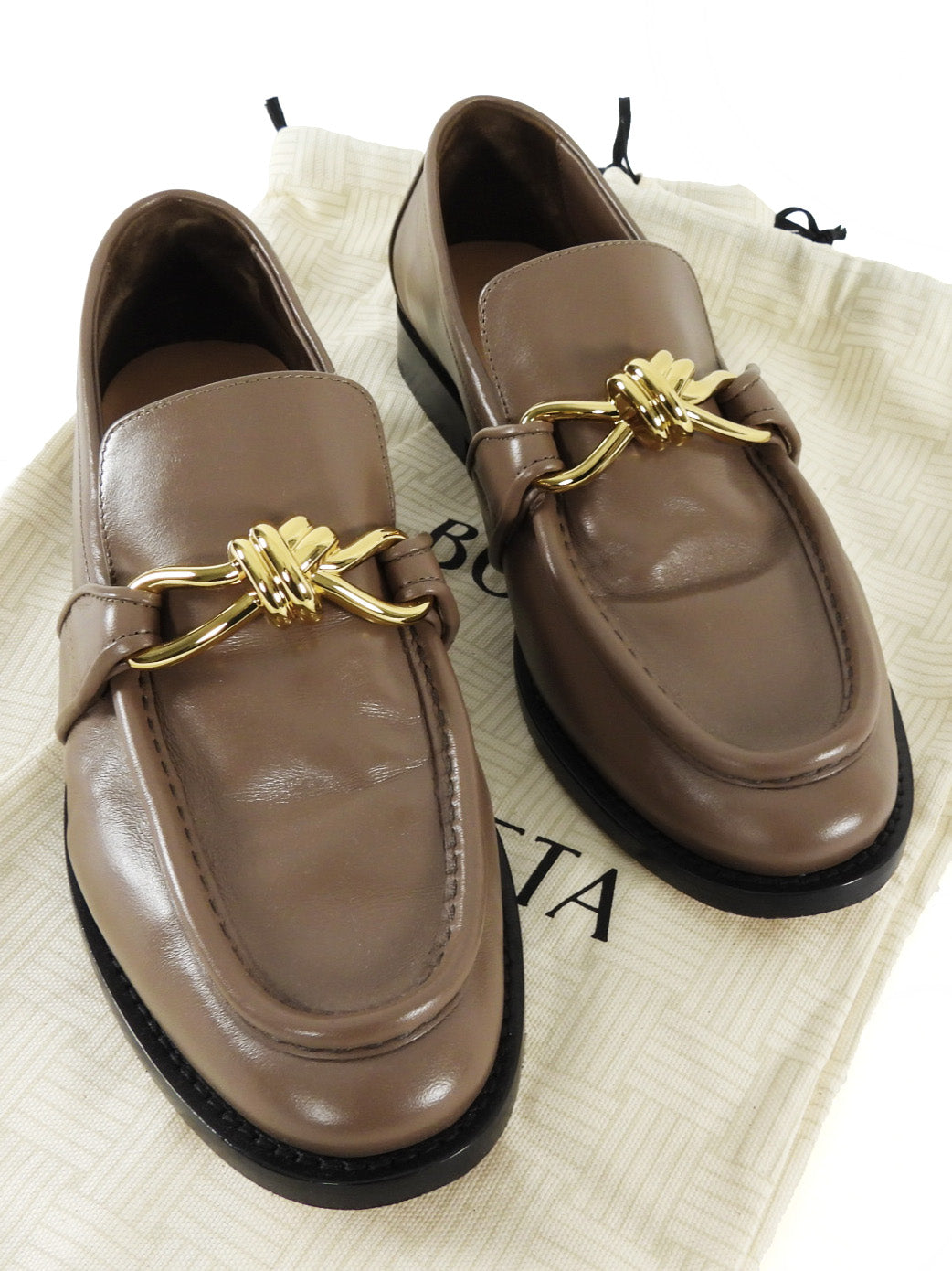 Bottega Veneta Taupe Brown Leather Gold Knot Buckle Astaire Loafer - 39.5