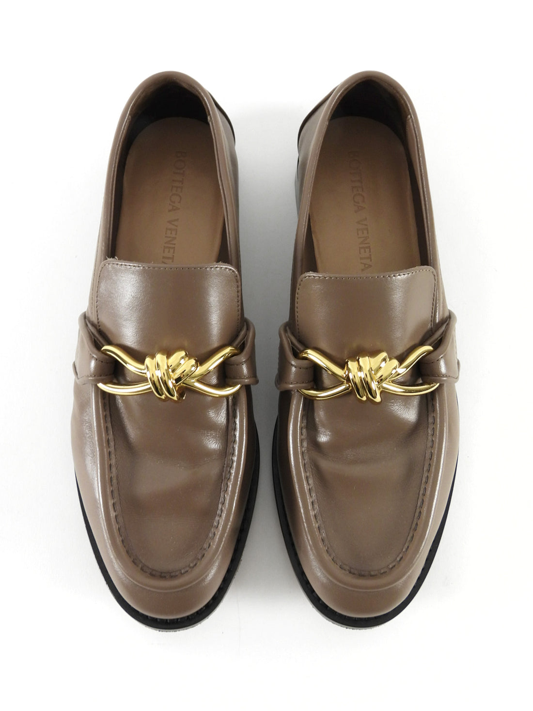 Bottega Veneta Taupe Brown Leather Gold Knot Buckle Astaire Loafer - 39.5