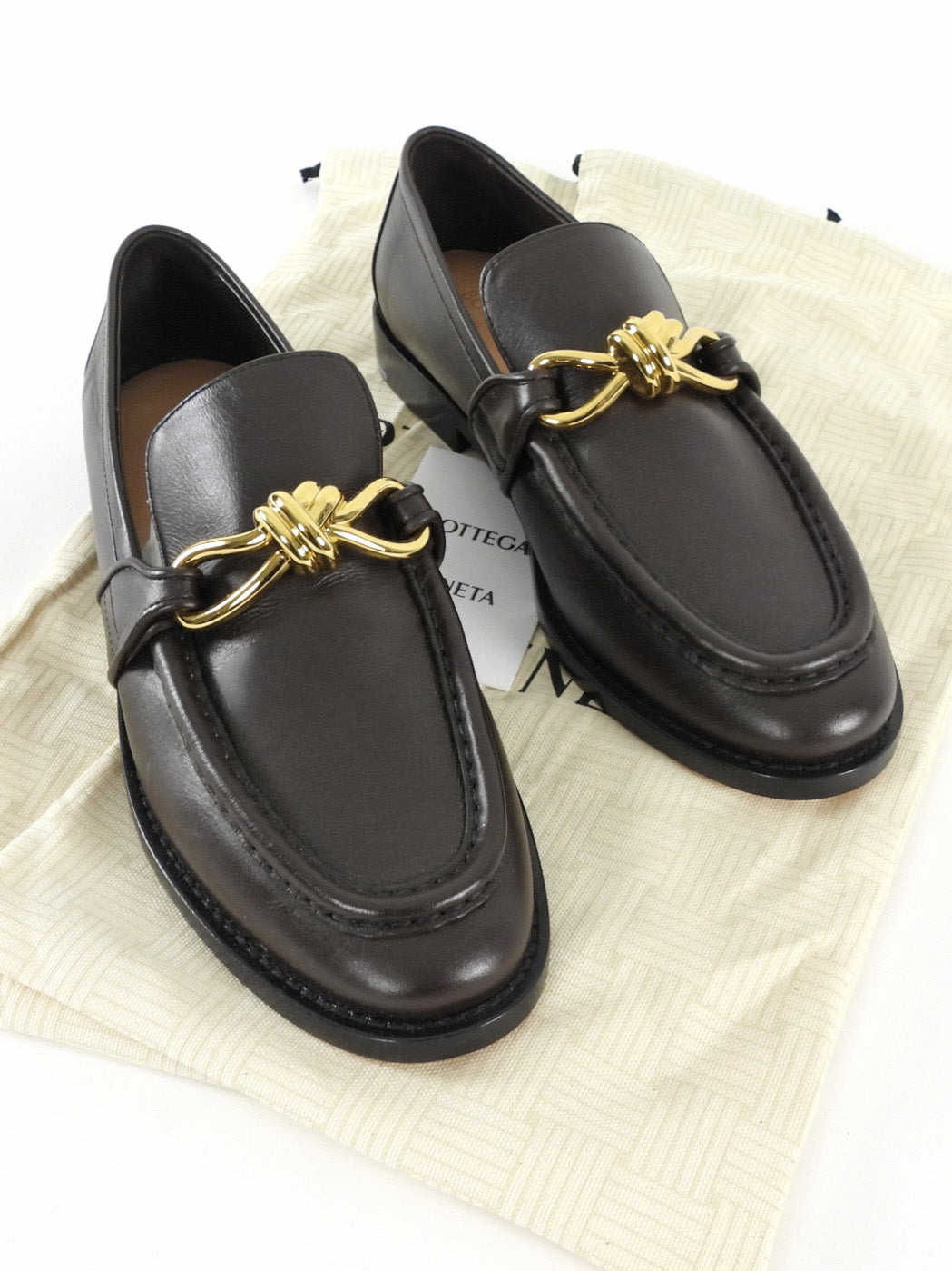 Bottega Veneta Espresso Brown Leather Gold Knot Buckle Astaire Loafer - 39.5