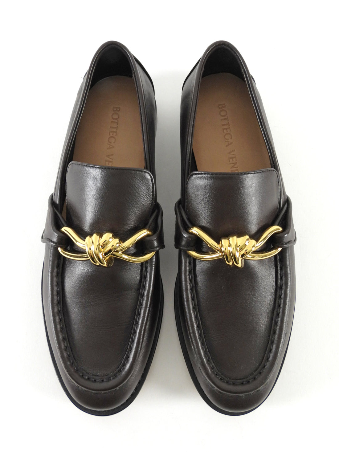 Bottega Veneta Espresso Brown Leather Gold Knot Buckle Astaire Loafer - 39.5