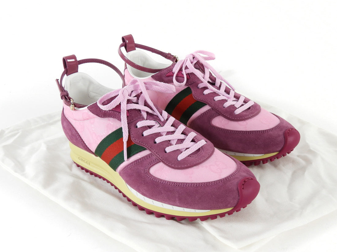 Gucci Pink Monogram Purple Suede Web Suede Ankle Strap Sneakers - 39